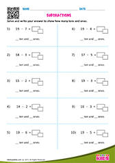 Subtractions Using Tens and Ones Up To 20