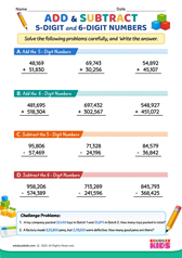 Add and Subtract 5 digit and 6 digit numbers