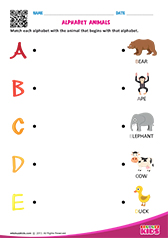 English Match Alphabet Animals worksheets pre-k