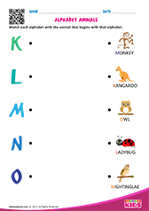 English Match Alphabet Animals worksheets pre-k