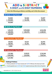 Add and Subtract 5 digit and 6 digit numbers