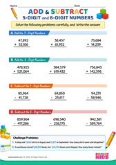 Add and Subtract 5 digit and 6 digit numbers