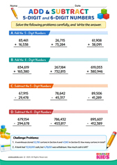 Add and Subtract 5 digit and 6 digit numbers