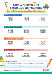 Add and Subtract 5 digit and 6 digit numbers