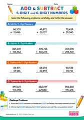 Add and Subtract 5 digit and 6 digit numbers